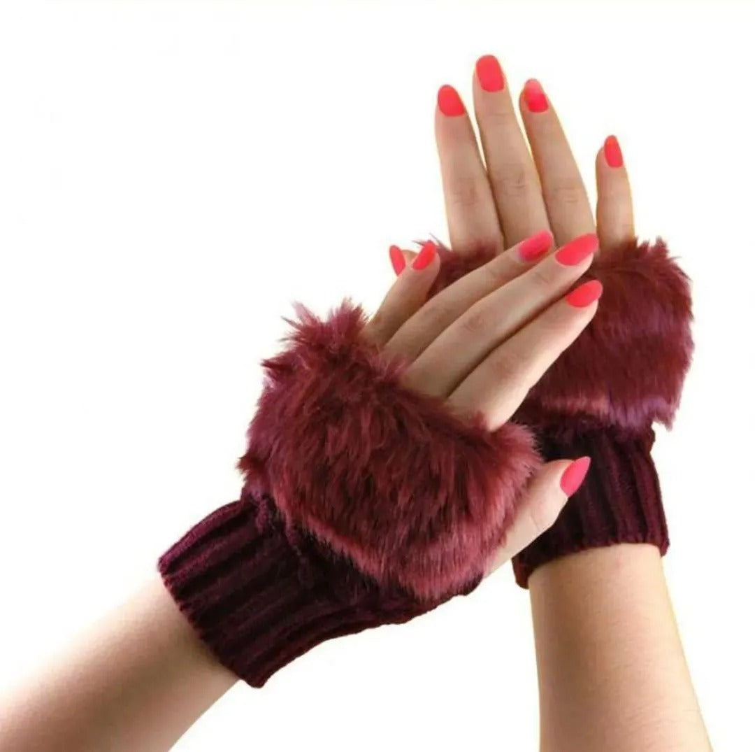 Maroon Faux Fur Fingerless Gloves for Women Winter Warmth