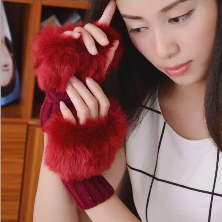 Maroon Faux Fur Fingerless Gloves for Women Winter Warmth