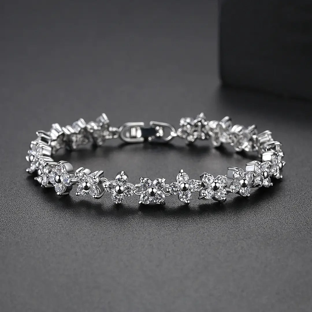Silver Flower Bracelet for Women with Sparkling Stones