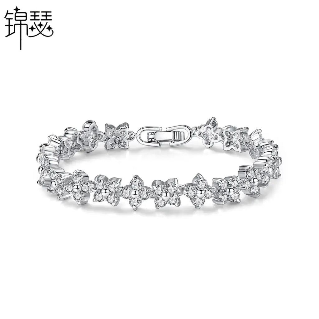 Silver Flower Bracelet for Women with Sparkling Stones