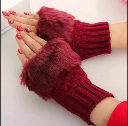 Maroon Faux Fur Fingerless Gloves for Women Winter Warmth