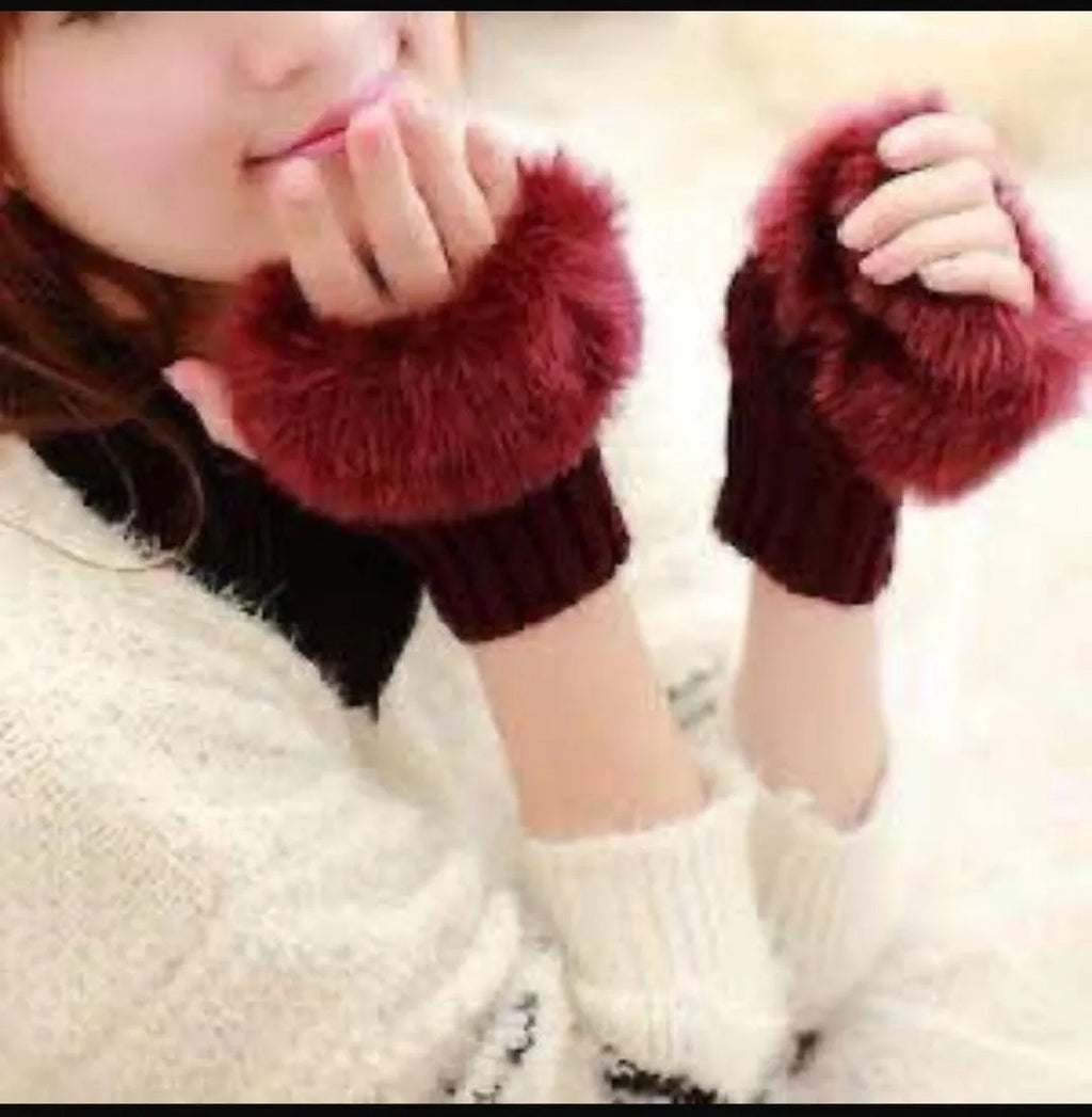 Maroon Faux Fur Fingerless Gloves for Women Winter Warmth