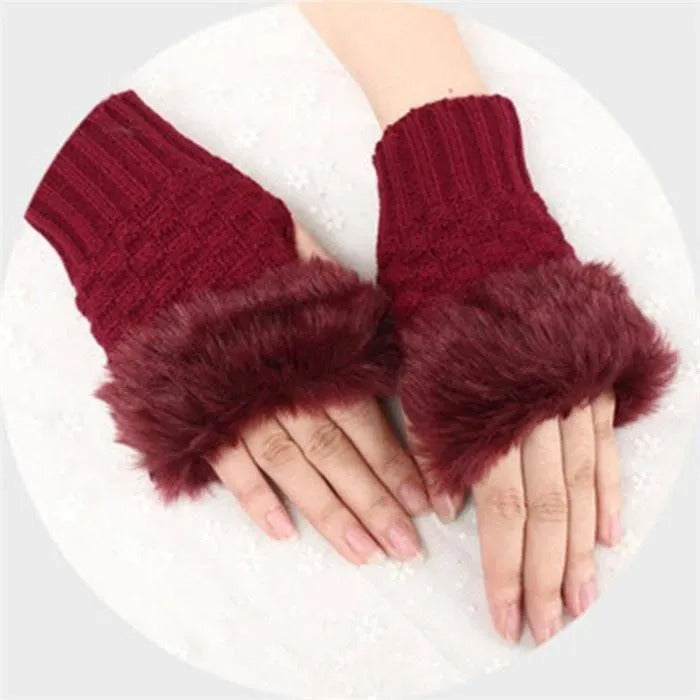 Maroon Faux Fur Fingerless Gloves for Women Winter Warmth
