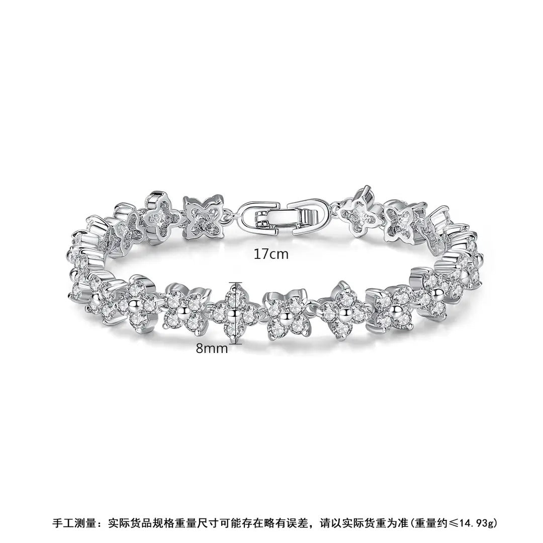 Silver Flower Bracelet for Women with Sparkling Stones