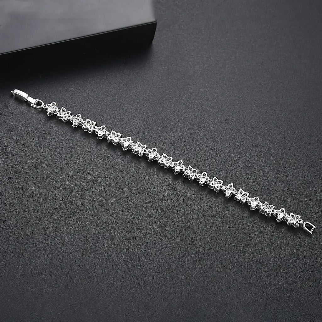 Silver Flower Bracelet for Women with Sparkling Stones