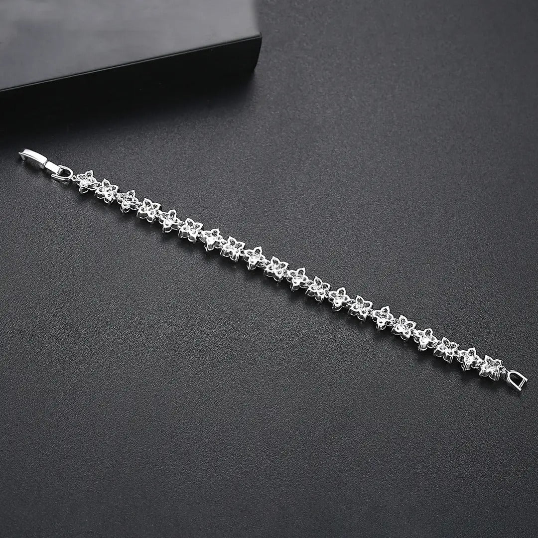 Silver Flower Bracelet for Women with Sparkling Stones