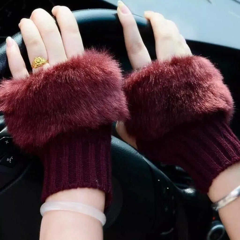 Maroon Faux Fur Fingerless Gloves for Women Winter Warmth