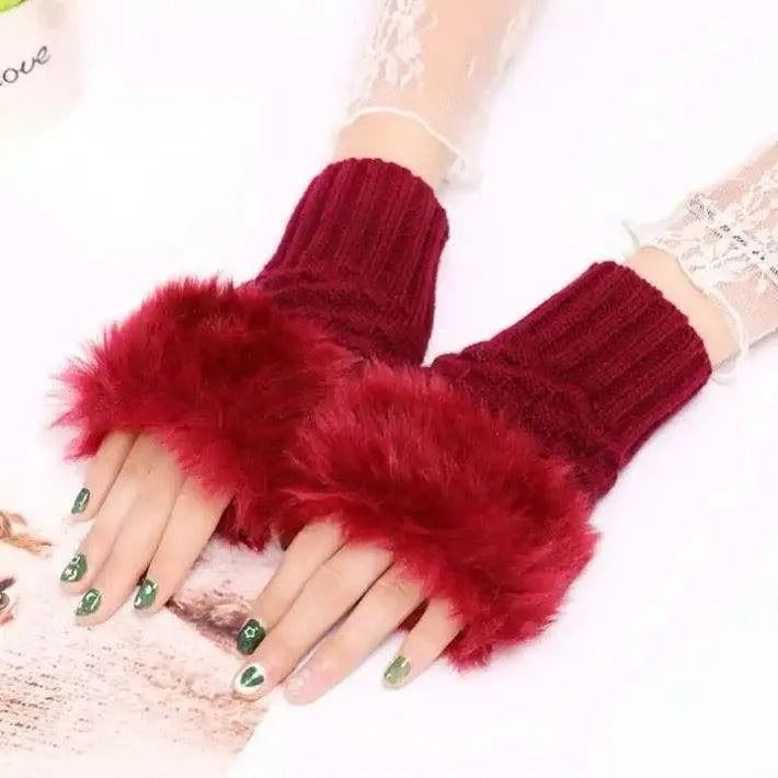 Maroon Faux Fur Fingerless Gloves for Women Winter Warmth